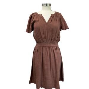 Loft Brown Gauze Cotton Dress Smocked Waist V Neck Casual NWT Size S
